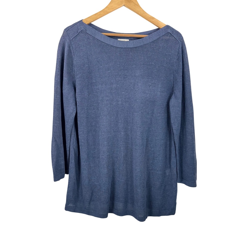 J. Jill Sweater sz L Blue Linen Blend Boatneck money classic open knit